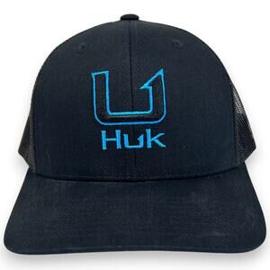 Huk Barb U Trucker Hat Snapback Black Blue Poly Cotton Blend Fishing